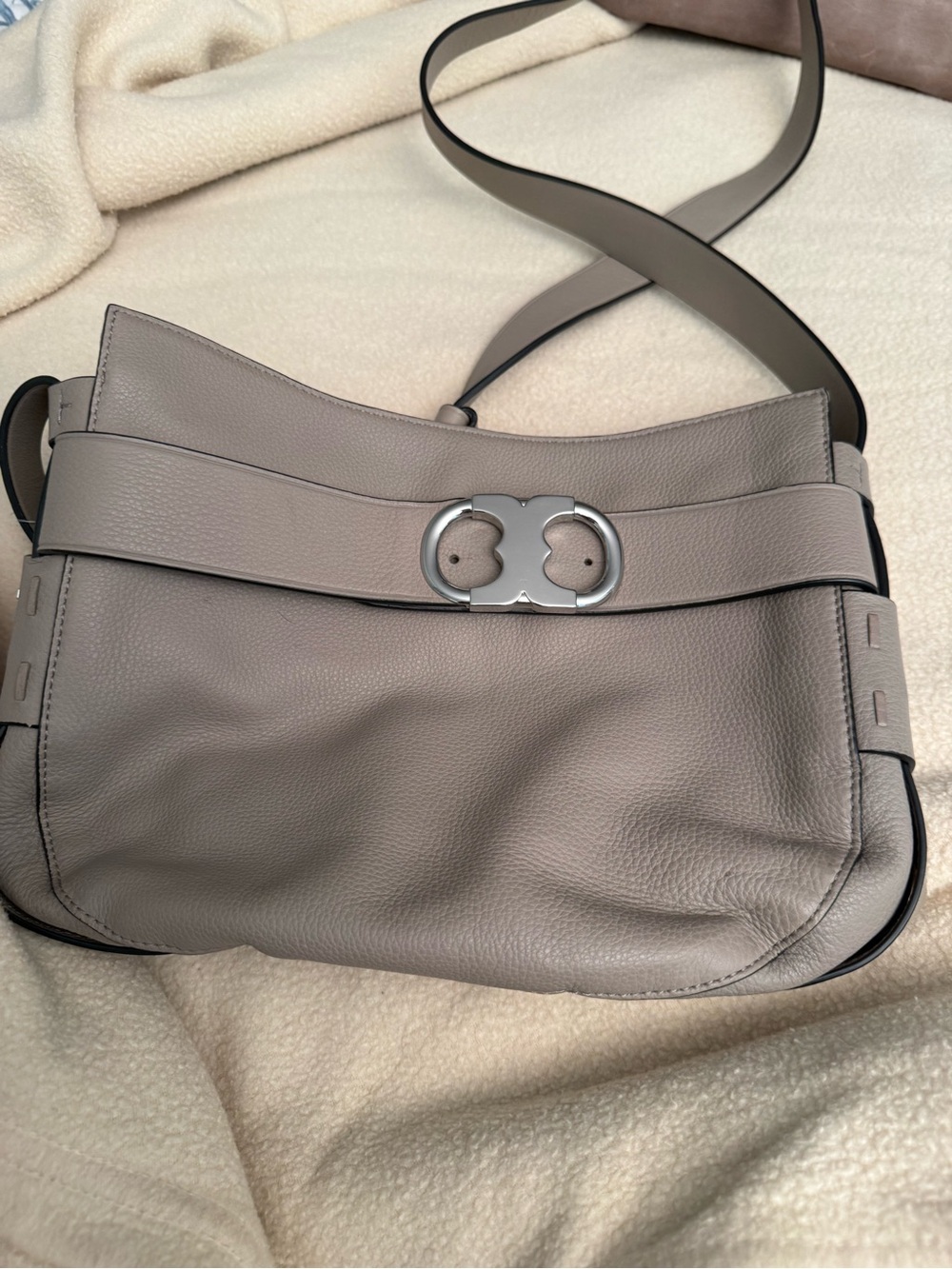 Tory Burch Gemini Link Women's Neutral Gray Leather Crossbody Shoulder Bag